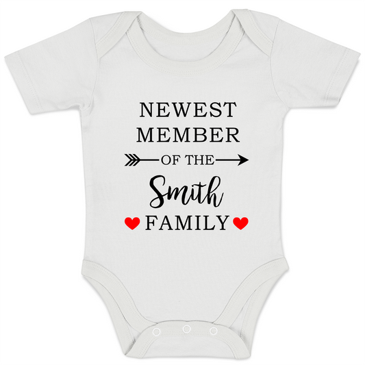 Personalized Organic Baby Bodysuit - Newest Member of the Family (White / Short Sleeve)