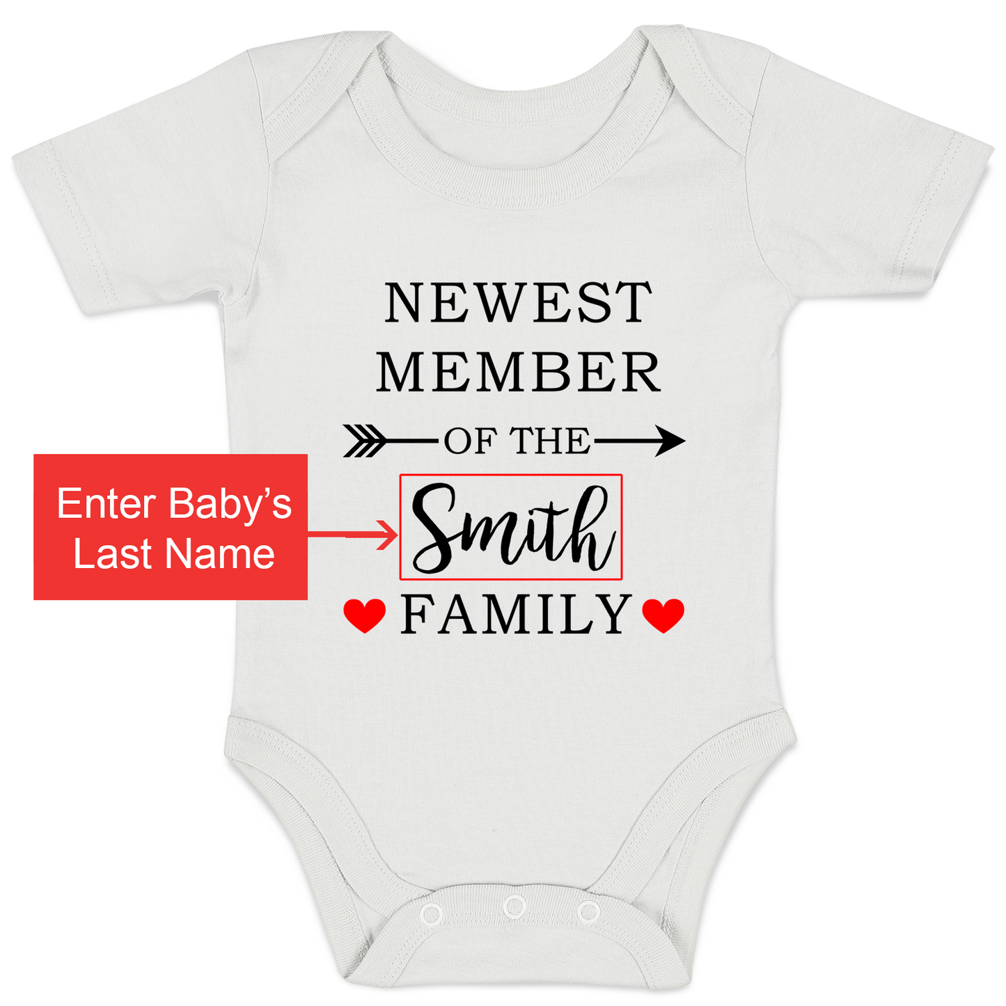 Personalized Organic Baby Bodysuit - Newest Member of the Family (White / Short Sleeve)