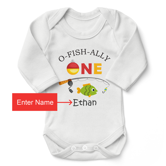 [Personalized] O-fish-ally ONE Birthday Organic Baby Bodysuit