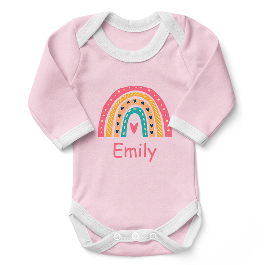 Personalized Organic Baby Bodysuit - Pink Rainbow (Pink / Long Sleeve)