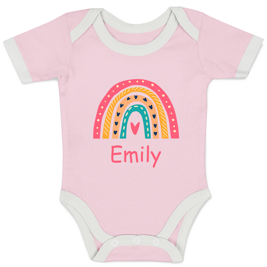 Personalized Organic Baby Bodysuit - Pink Rainbow (Pink / Short Sleeve)
