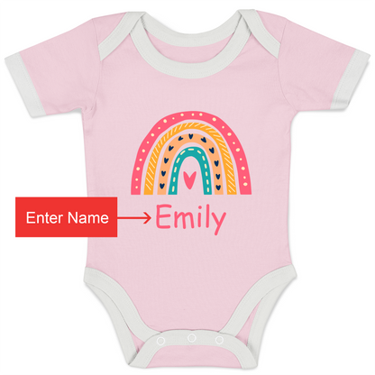 Personalized Organic Baby Bodysuit - Pink Rainbow (Pink / Short Sleeve)