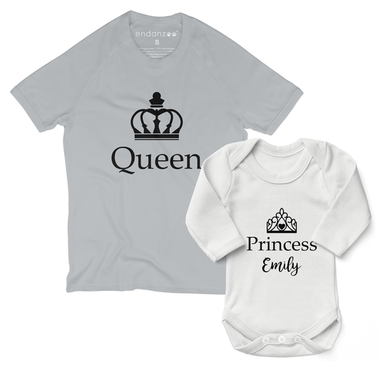 Personalized Matching Mom & Baby Organic Outfits - Queen & Princess (Grey)