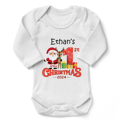 [Personalized] Endanzoo Organic Long Sleeve Baby Bodysuit for Boy or Girl - First Christmas 2024 Santa Claus