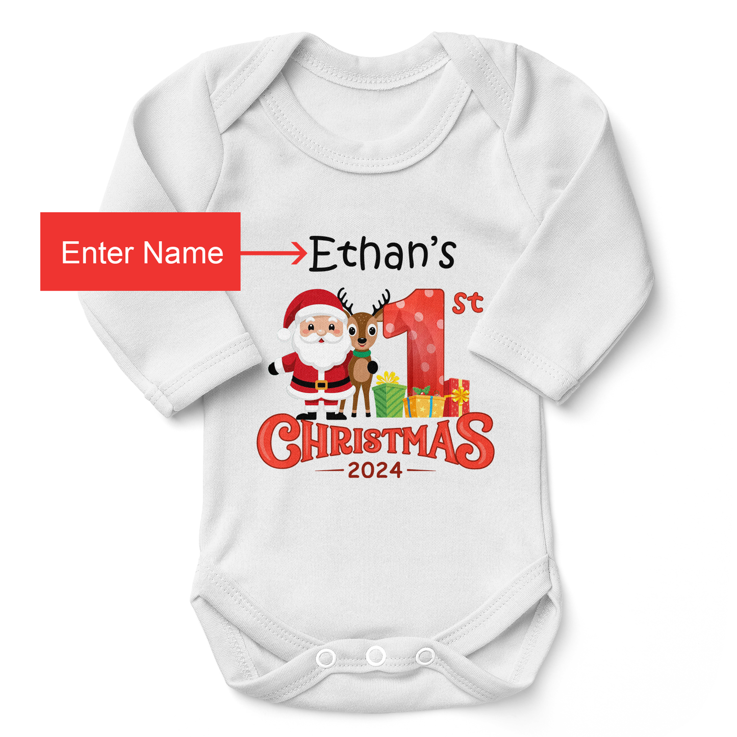 [Personalized] Endanzoo Organic Long Sleeve Baby Bodysuit for Boy or Girl - First Christmas 2024 Santa Claus