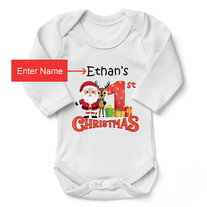 [Personalized] Endanzoo Organic Long Sleeve Baby Bodysuit for Boy or Girl - First Christmas 2025 Santa Claus