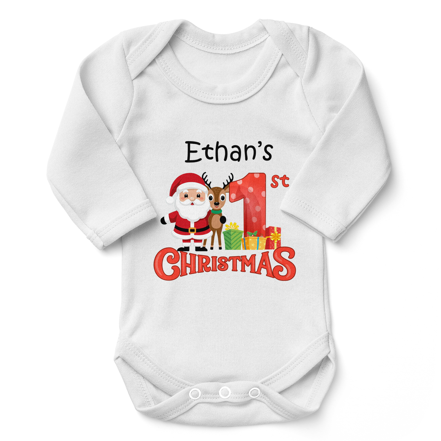 [Personalized] Endanzoo Organic Long Sleeve Baby Bodysuit for Boy or Girl - First Christmas 2025 Santa Claus
