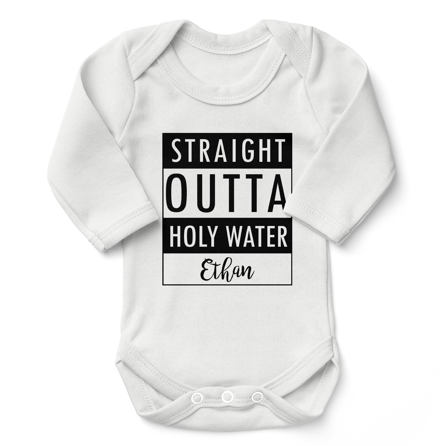 [Personalized] Endanzoo Organic Baby Bodysuit - Straight Outta Holy Water Baptism / Christening Day (White)