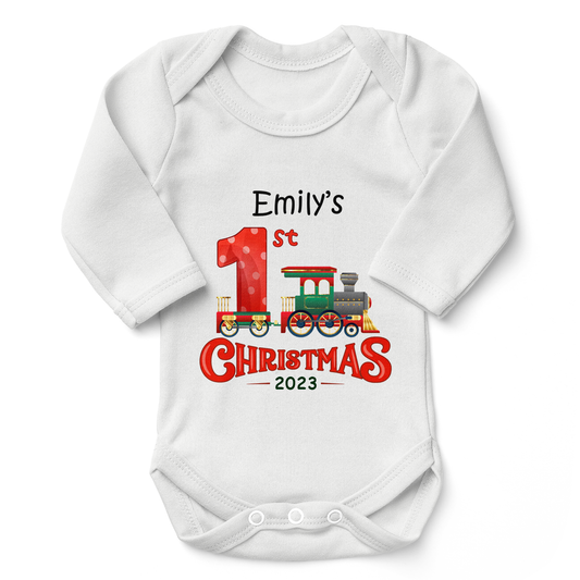 [Personalized] First Christmas 2023 Train Organic Long Sleeves Baby Bodysuit for Boy or Girl