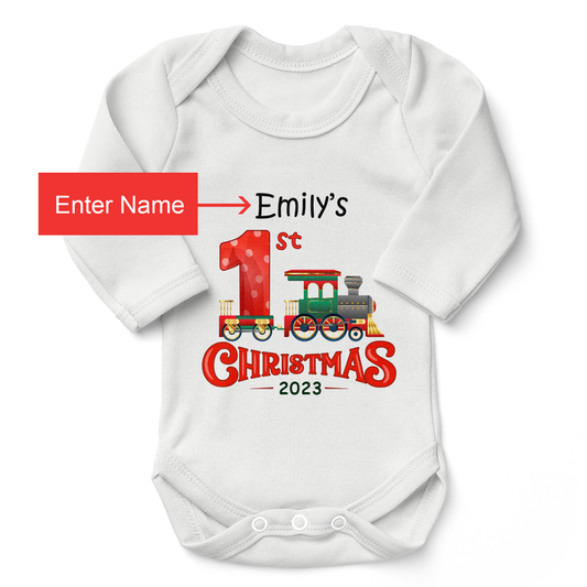 [Personalized] First Christmas 2023 Train Organic Long Sleeves Baby Bodysuit for Boy or Girl