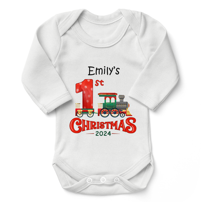 [Personalized] Endanzoo Organic Long Sleeves Baby Bodysuit for Boy or Girl - First Christmas 2024 Train