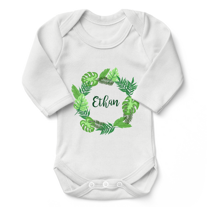 Personalized Organic Baby Bodysuit - Tropical Leaves (White)