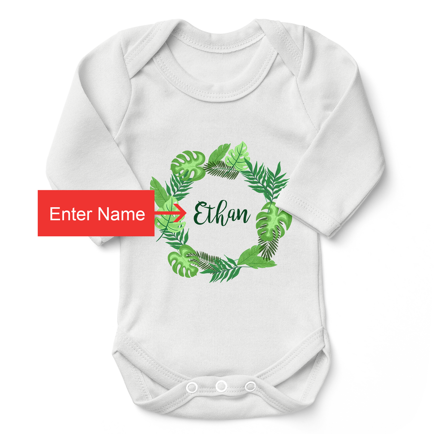 Personalized Organic Baby Bodysuit - Tropical Leaves (White / Long Sleeve)