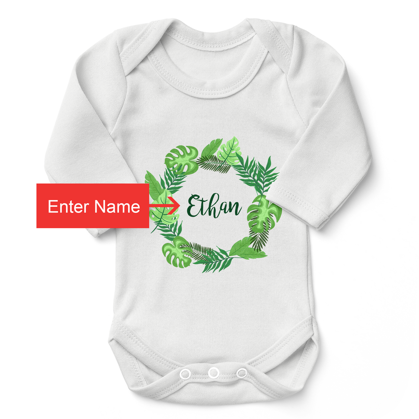 Personalized Organic Baby Bodysuit - Tropical Leaves (White)