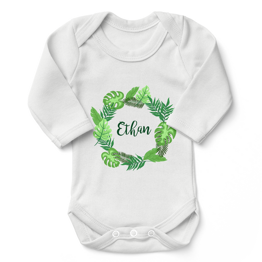 Personalized Organic Baby Bodysuit - Tropical Leaves (White / Long Sleeve)