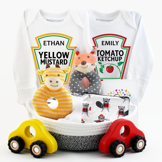 Zeronto Twin Baby Gift Basket - Little Ketchup & Mustard Cuties