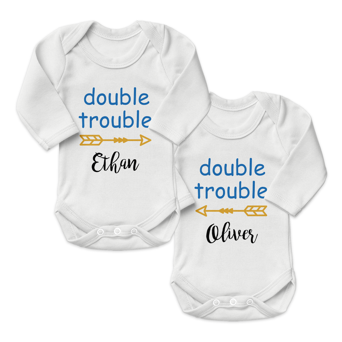 Personalized Organic Baby Bodysuit Set - TWIN Double Trouble (White & White)