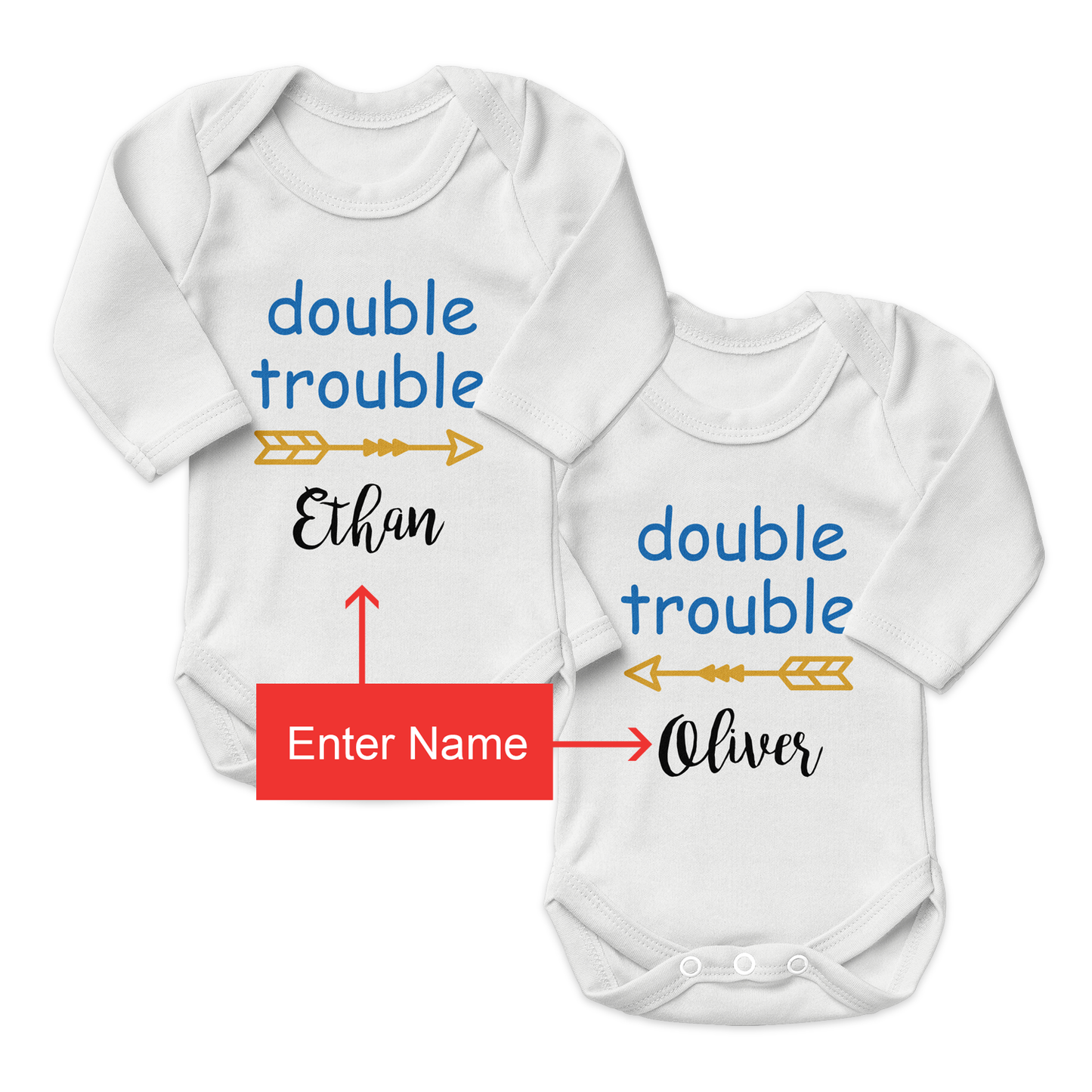 Personalized Organic Baby Bodysuit Set - TWIN Double Trouble (White & White)