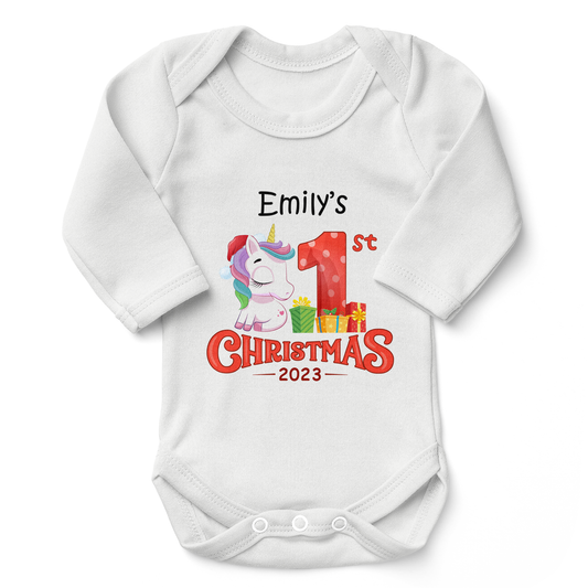 [Personalized] First Christmas 2023 Unicorn Girl Organic Long Sleeve Baby Bodysuit