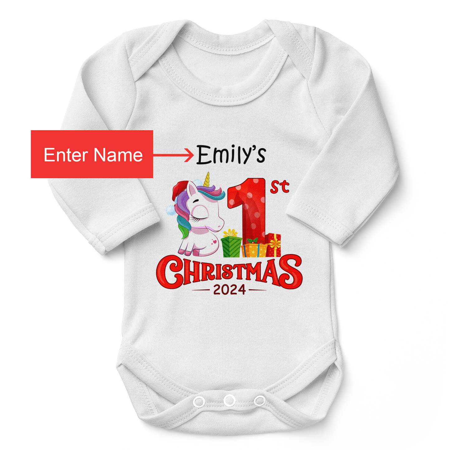 [Personalized] Endanzoo Organic Long Sleeve Baby Bodysuit - First Christmas 2024 Unicorn Girl