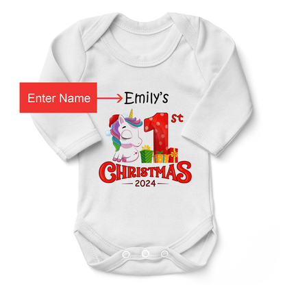 [Personalized] Endanzoo Organic Long Sleeve Baby Bodysuit - First Christmas 2024 Unicorn Girl