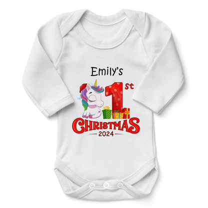 [Personalized] Endanzoo Organic Long Sleeve Baby Bodysuit - First Christmas 2024 Unicorn Girl