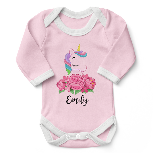 Personalized Organic Baby Bodysuit - Unicorn (Pink / Long Sleeve)