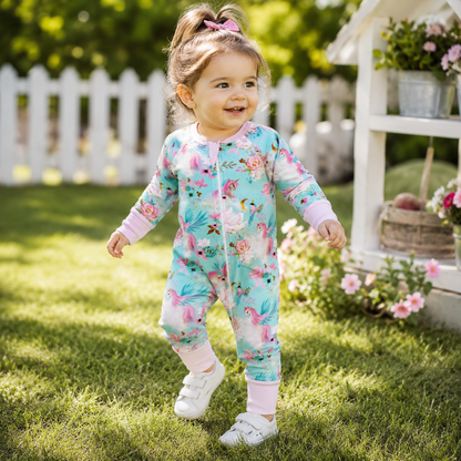 Endanzoo Organic Long Sleeve Double Zippered Romper - Mystical Unicorns