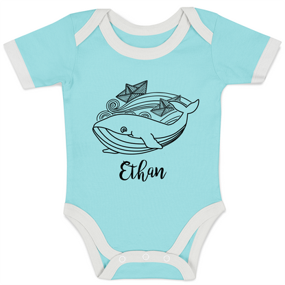 Personalized Organic Baby Bodysuit - Playful Whale (Aqua / Short Sleeve)