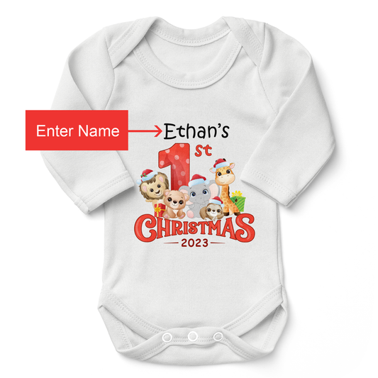 [Personalized] First Christmas 2023 Wild Safari Animals Organic Long Sleeve Baby Bodysuit for Boy or Girl