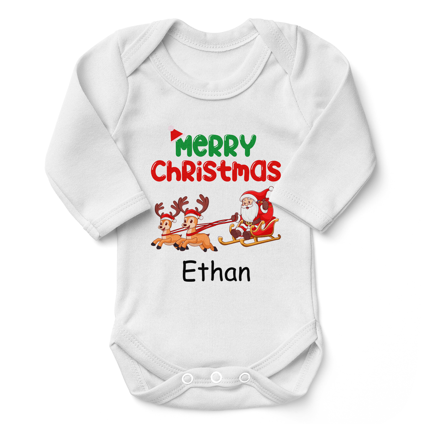 Personalized Organic Baby Bodysuit - Merry Christmas (White / Long Sleeve)