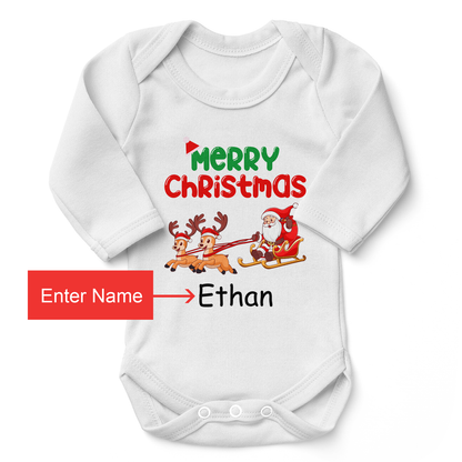 Personalized Organic Baby Bodysuit - Merry Christmas (White / Long Sleeve)