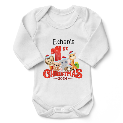 [Personalized] Endanzoo Organic Long Sleeve Baby Bodysuit for Boy or Girl - First Christmas 2024 Wild Safari Animals