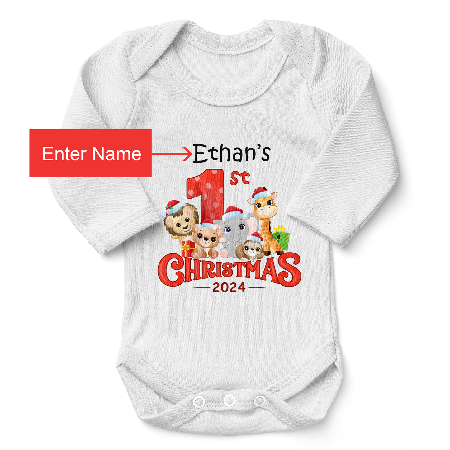 [Personalized] Endanzoo Organic Long Sleeve Baby Bodysuit for Boy or Girl - First Christmas 2024 Wild Safari Animals