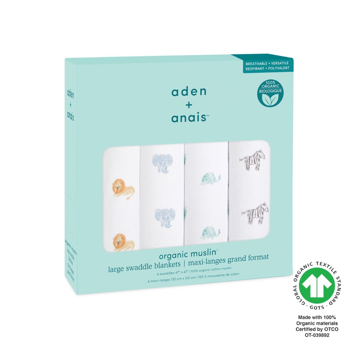 Aden Anais Organic Cotton Muslin Swaddle Blankets - Animal Kingdom - (4 Pack)