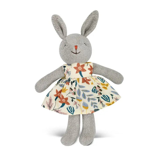 Apple Park Organic Cotton Plush Toy - Little Grey Bunny with Earthtone Floral Dress