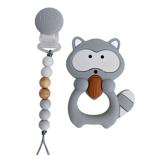 Tiny Teethers Raccoon Teether On A Beaded Strand (With Pacifier Clip)