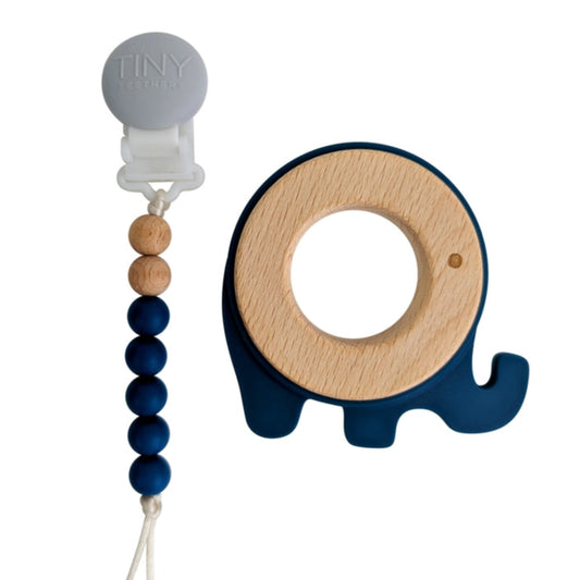 Tiny Teethers Elephant Teal Leaf Teether On A Beaded Strand (With Pacifier Clip)