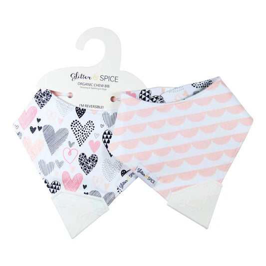 Glitter & Spice Double Sided Organic Chew Bib - Geo Hearts Scallop Trim