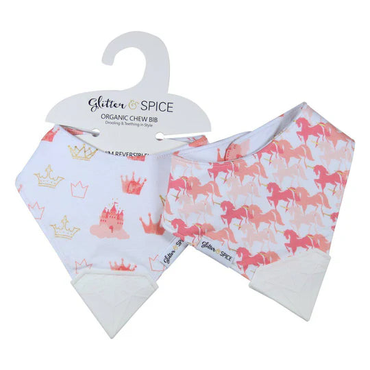 Glitter & Spice Double Sided Organic Chew Bib - Princess Unicorns