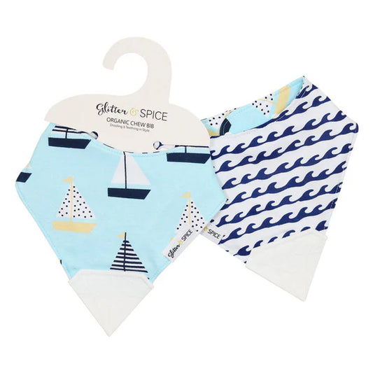 Glitter & Spice Double Sided Organic Chew Bib - Sail Away Waves