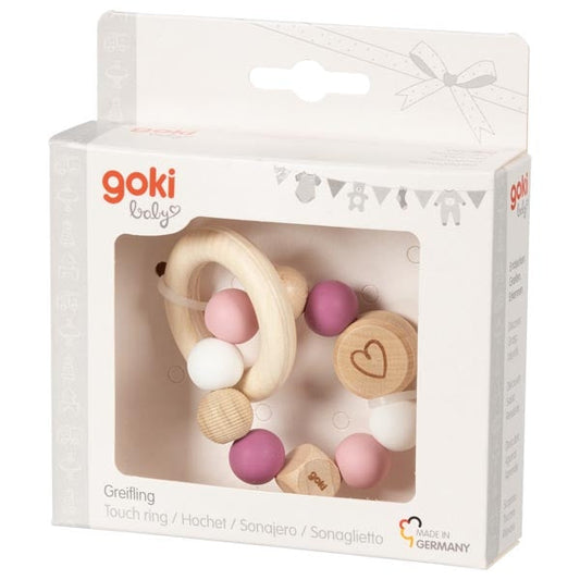 Goki Wooden Rattles - Touch Ring Elastic Pink, White, & Heart