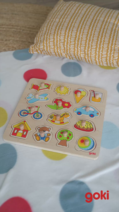 Goki My First Wooden Lift Out Puzzle - Rocking horse, Ball, Plane, Car & More
