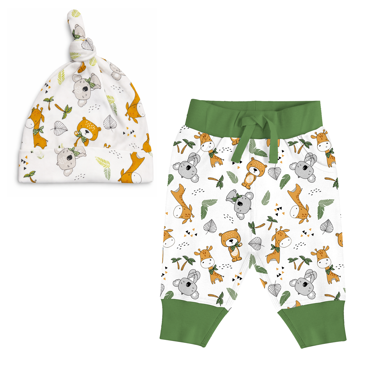 Endanzoo Matching Organic Cuff Pant & Knotted Beanie - Jungle Cuties