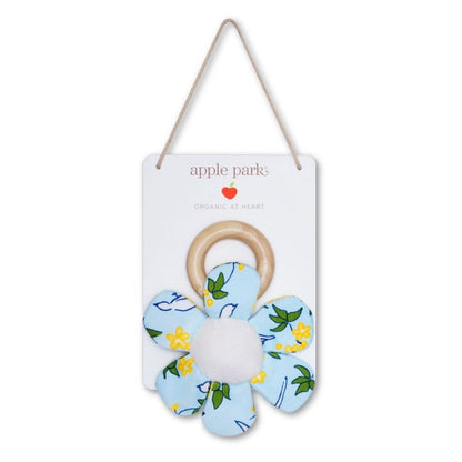 Apple Park Organic Cotton Teething Ring Rattle - Enchanted Blue