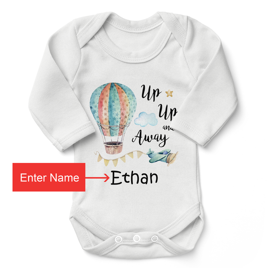 [Personalized] Up, Up, and Away Organic Long Sleeves Baby Bodysuit