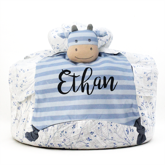 Wrapped with Muslin Swaddle Blanket (Blue Blossom) + Blankie Toy (Mr. Moo)