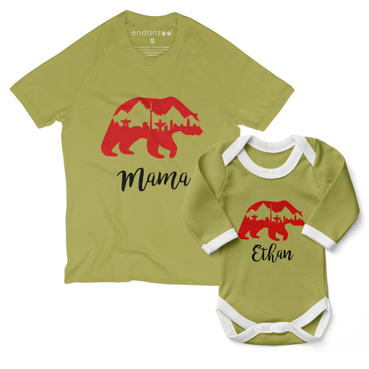 Personalized Matching Mom & Baby Organic Outfits - Canadian Bear (Green)