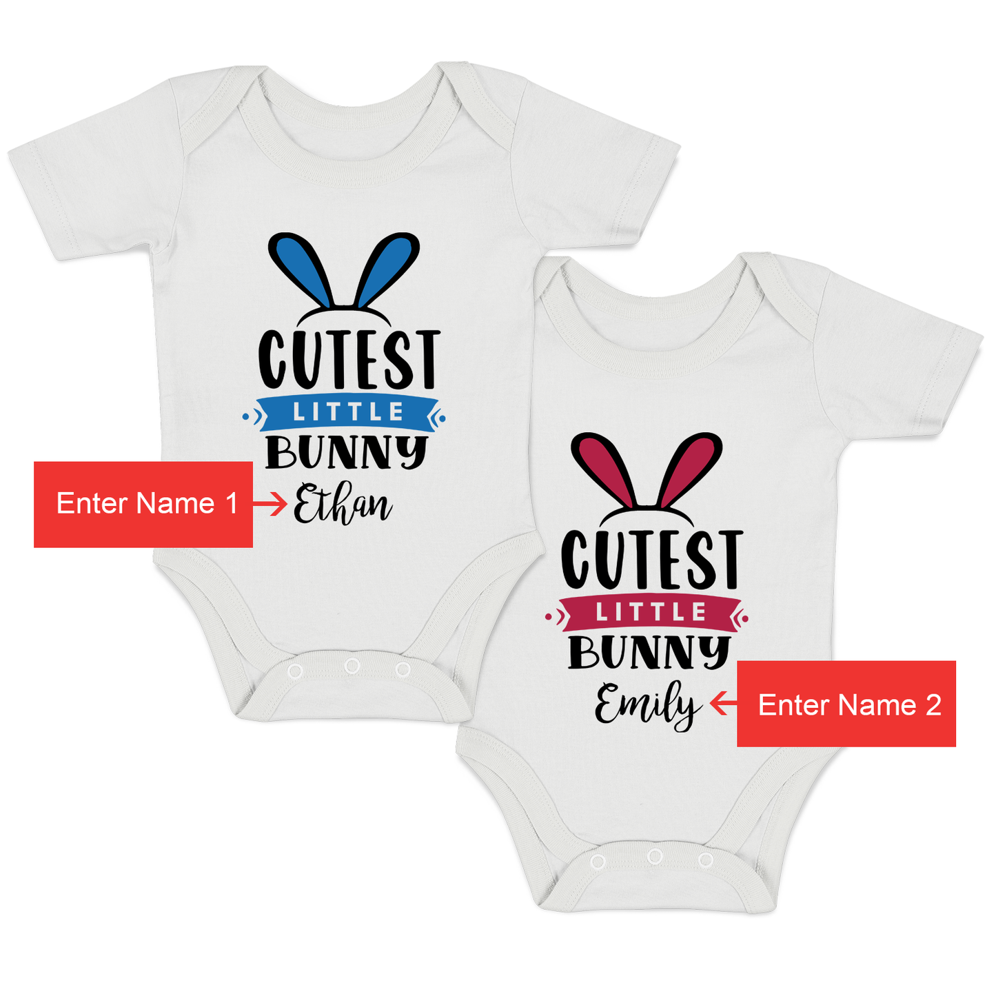 Personalized Organic Baby Bodysuit Set- TWIN Bunnies (White & White)