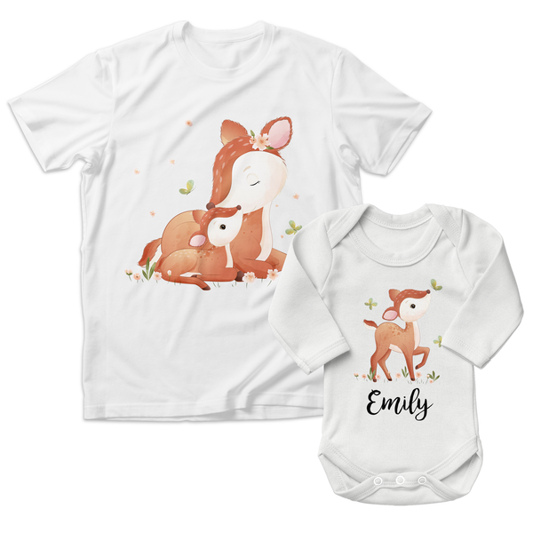 Personalized Matching Mom & Baby Organic Outfits - Deer Family (White)